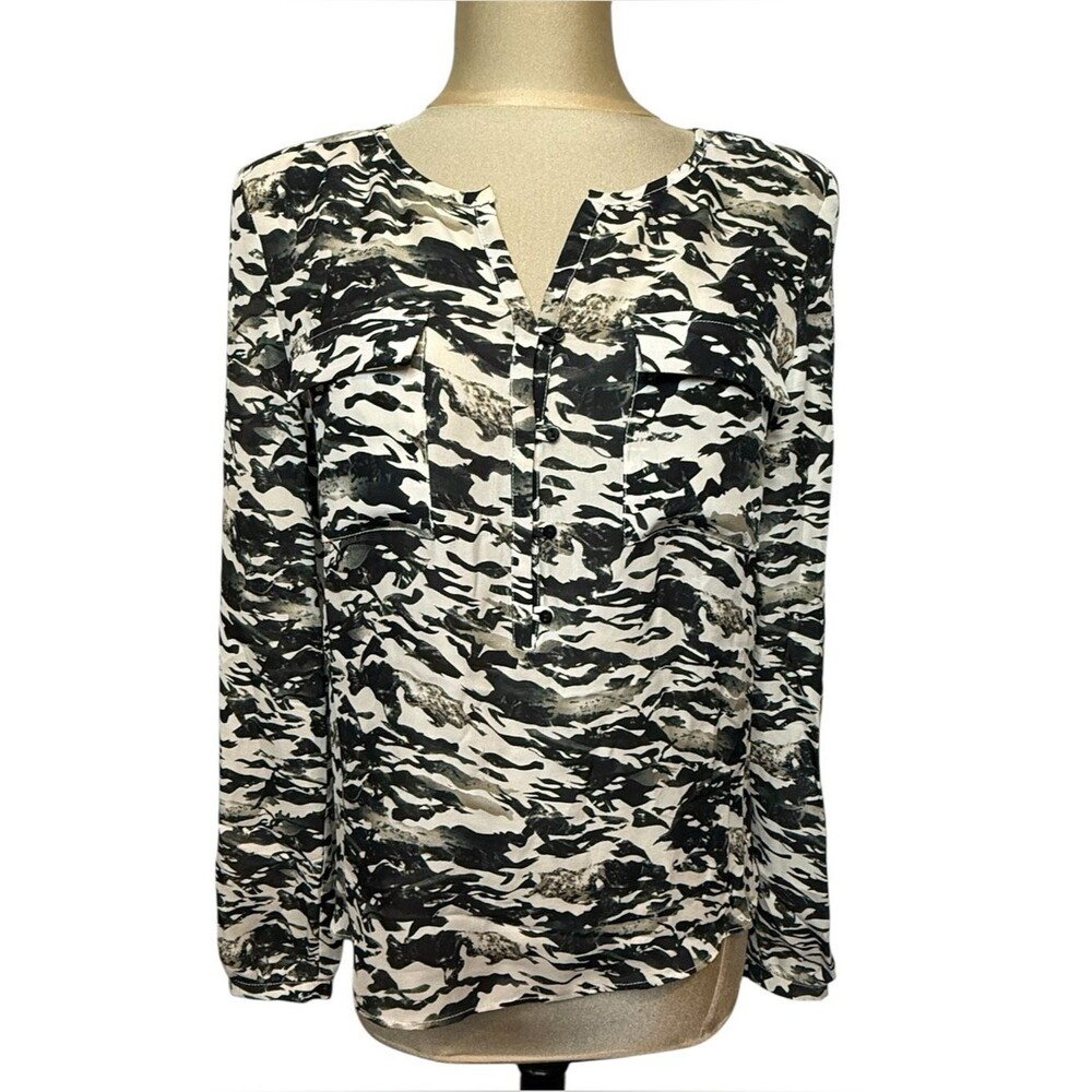 Parker Marissa Silk Blouse Camo Print Button Front Small